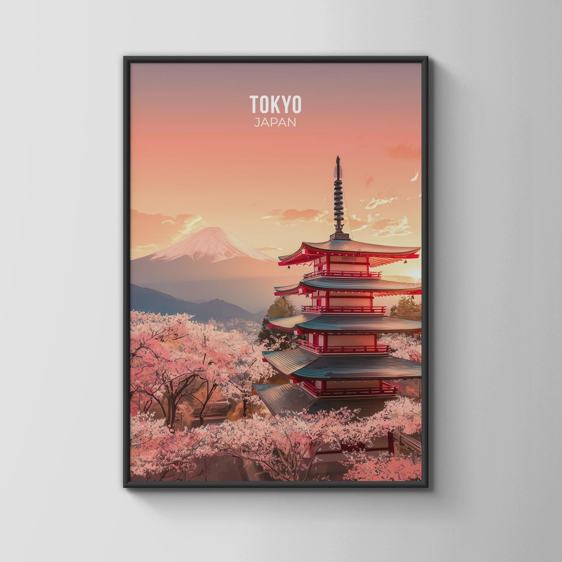 Tokyo Japan print featuring Mount Fuji and cherry blossoms wall art - Travel Wall Art