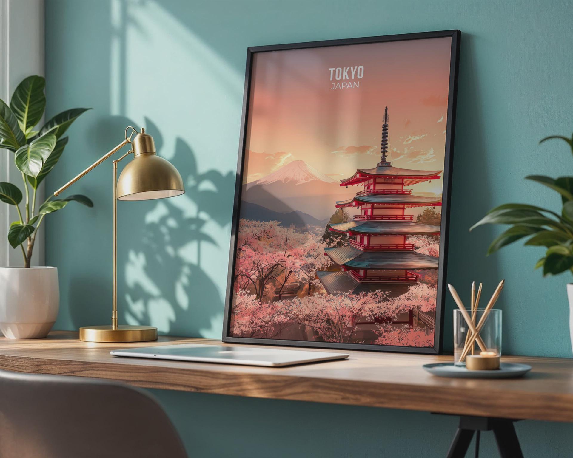 Tokyo Japan print featuring Mount Fuji and cherry blossoms wall art - Travel Wall Art