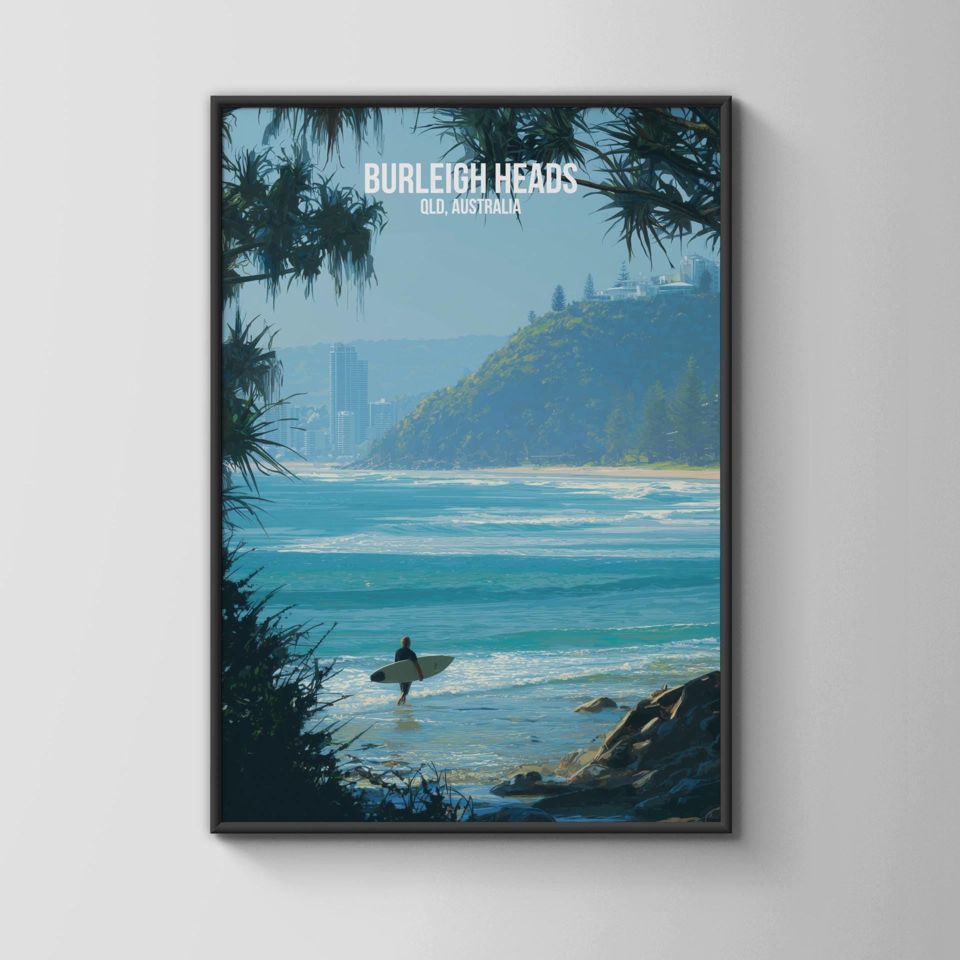 Burleigh Heads QLD Australia Poster Wall Art Surfing Coastal Landscape - Travel Wall Art