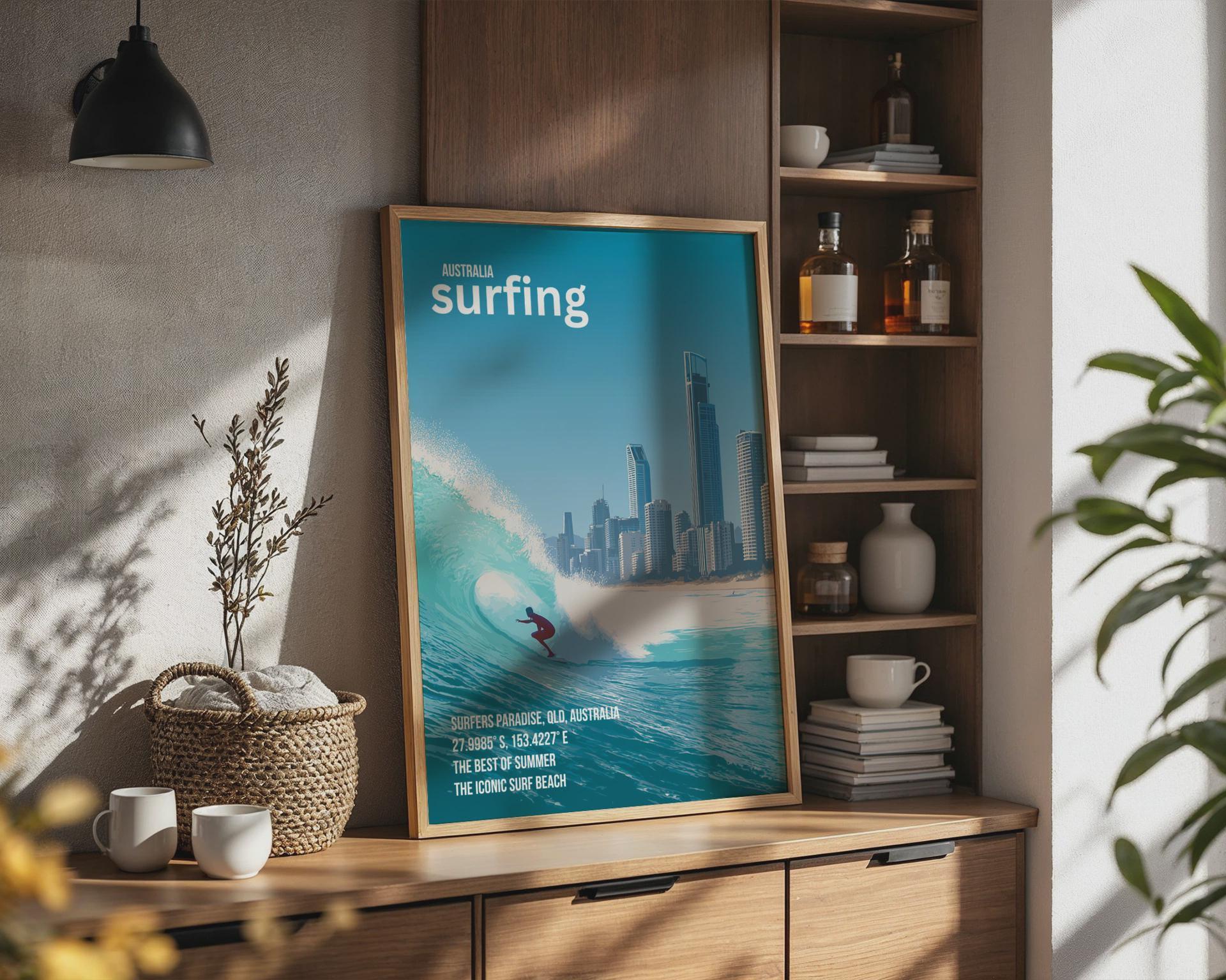 Surfing Poster Surfers Paradise Art Coastal Wall Print - Travel Wall Art