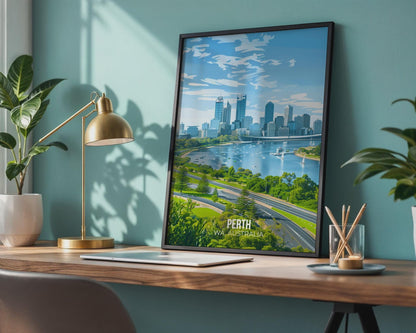 Perth Cityscape Poster WA Australia Art Print - Travel Wall Art