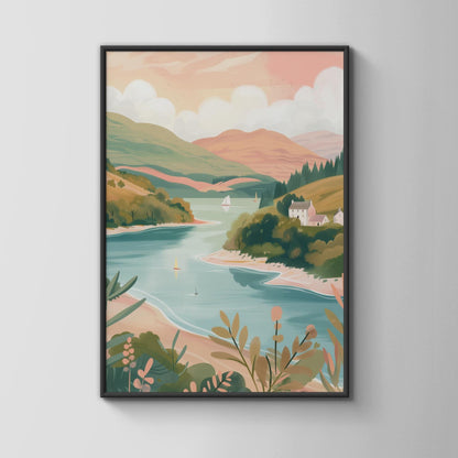 Illustrative Travel Landscape Poster Scottish Highlands Lake Art - Travel Wall Art