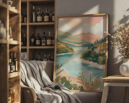 Illustrative Travel Landscape Poster Scottish Highlands Lake Art - Travel Wall Art