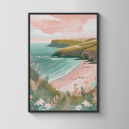 Coastal Landscape Poster with Sea and Floral Elements Art Print - Travel Wall Art