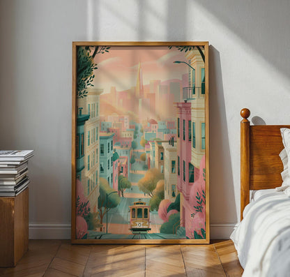 San Francisco Cityscape Cable Car Wall Art Poster - Travel Wall Art
