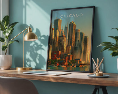 Chicago Skyline Art Print Cityscape Wall Art Urban Illustration - Travel Wall Art