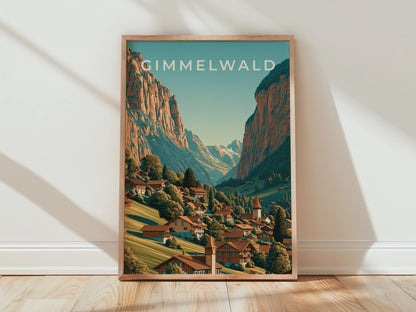 Gimmelwald Poster Swiss Landscape Wall Art Vintage Travel Print - Travel Wall Art