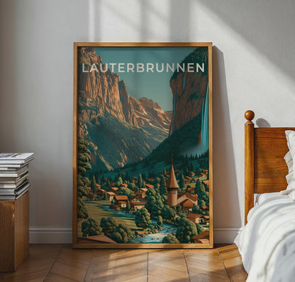 Lauterbrunnen Vintage Swiss Poster Mountain Landscape Art Print - Travel Wall Art