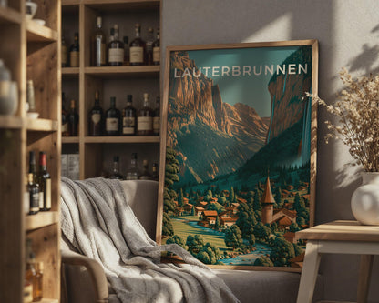 Lauterbrunnen Vintage Swiss Poster Mountain Landscape Art Print - Travel Wall Art