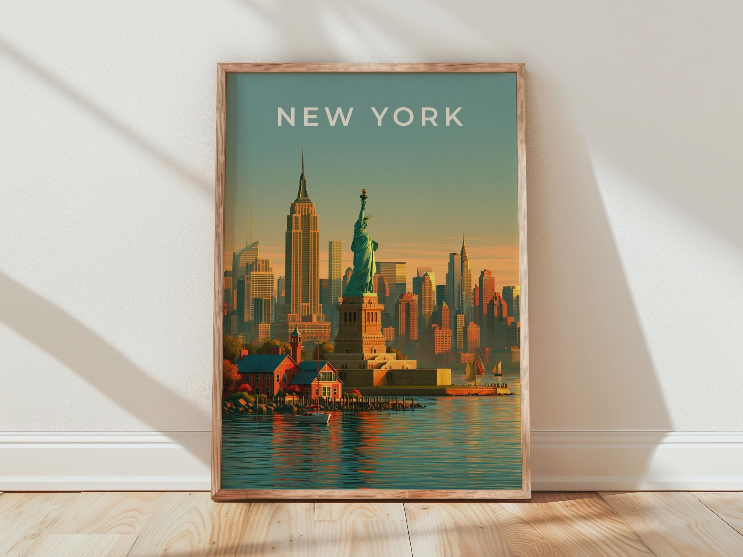 New York Cityscape Poster Statue of Liberty Wall Art Print - Travel Wall Art