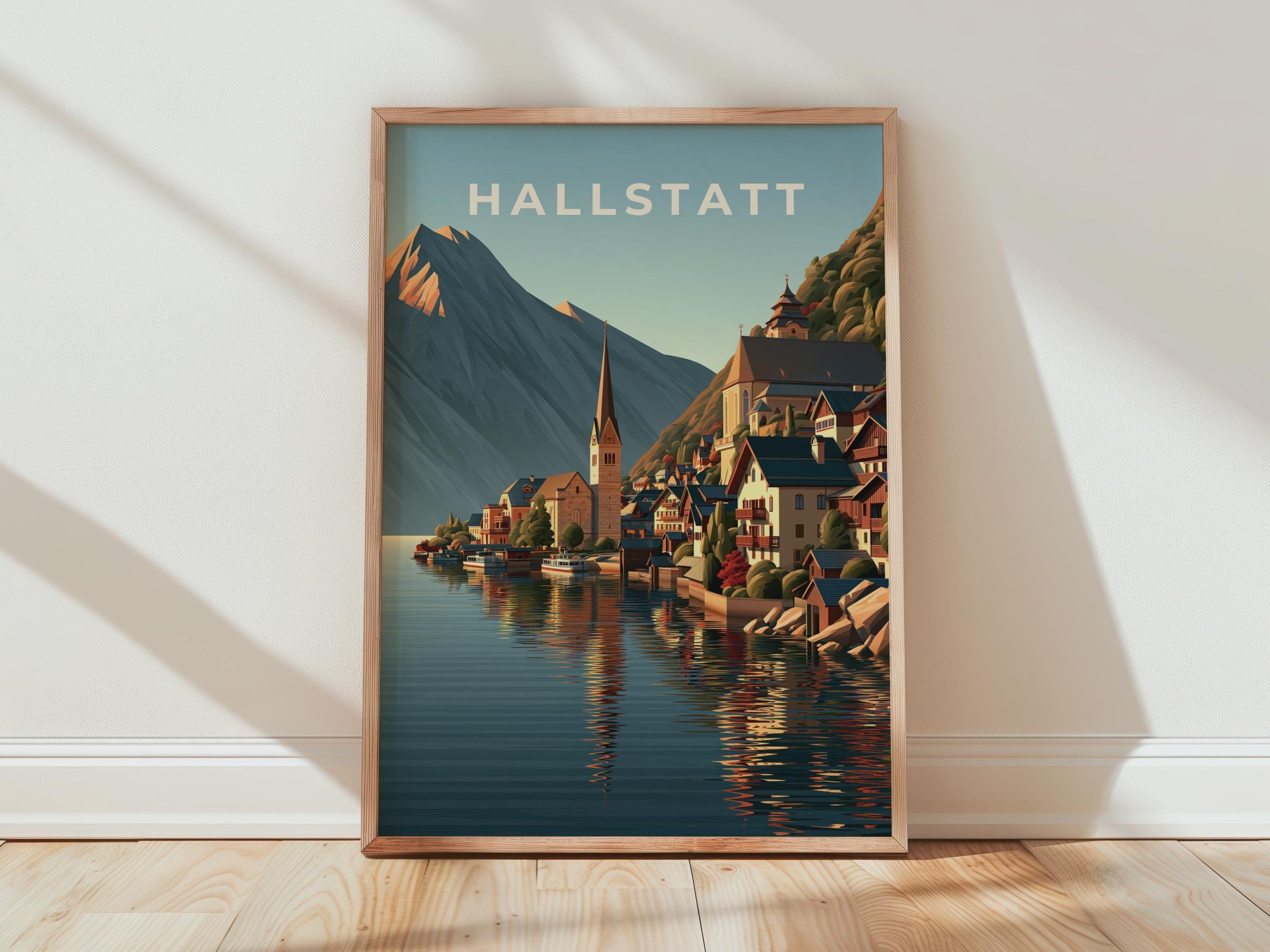 Hallstatt Lake View Poster Austrian Village Landscape Art - Travel Wall Art