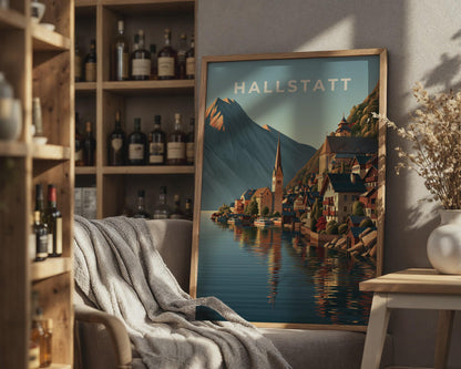 Hallstatt Lake View Poster Austrian Village Landscape Art - Travel Wall Art