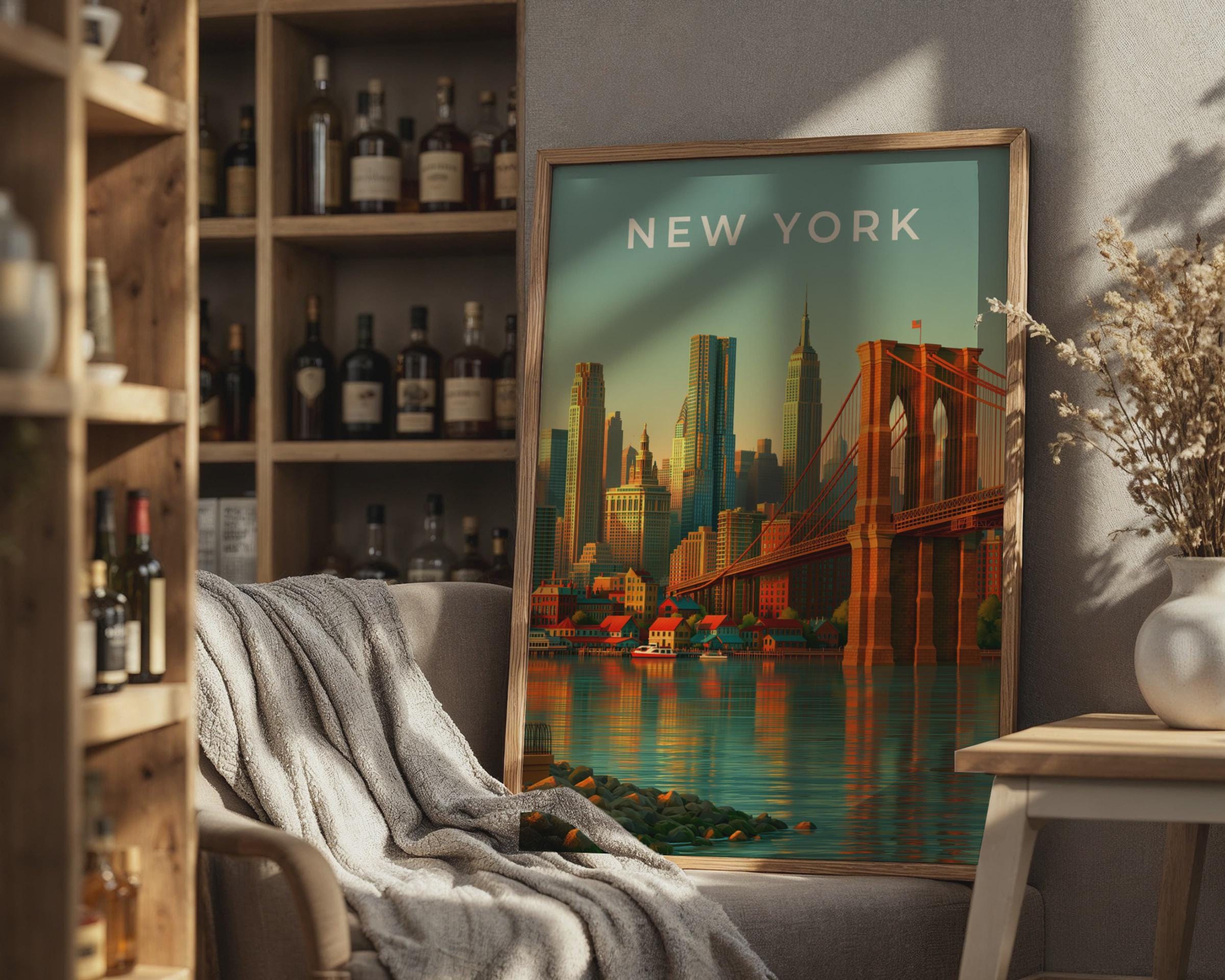 New York Skyline Art Brooklyn Bridge Cityscape Wall Art Print - Travel Wall Art