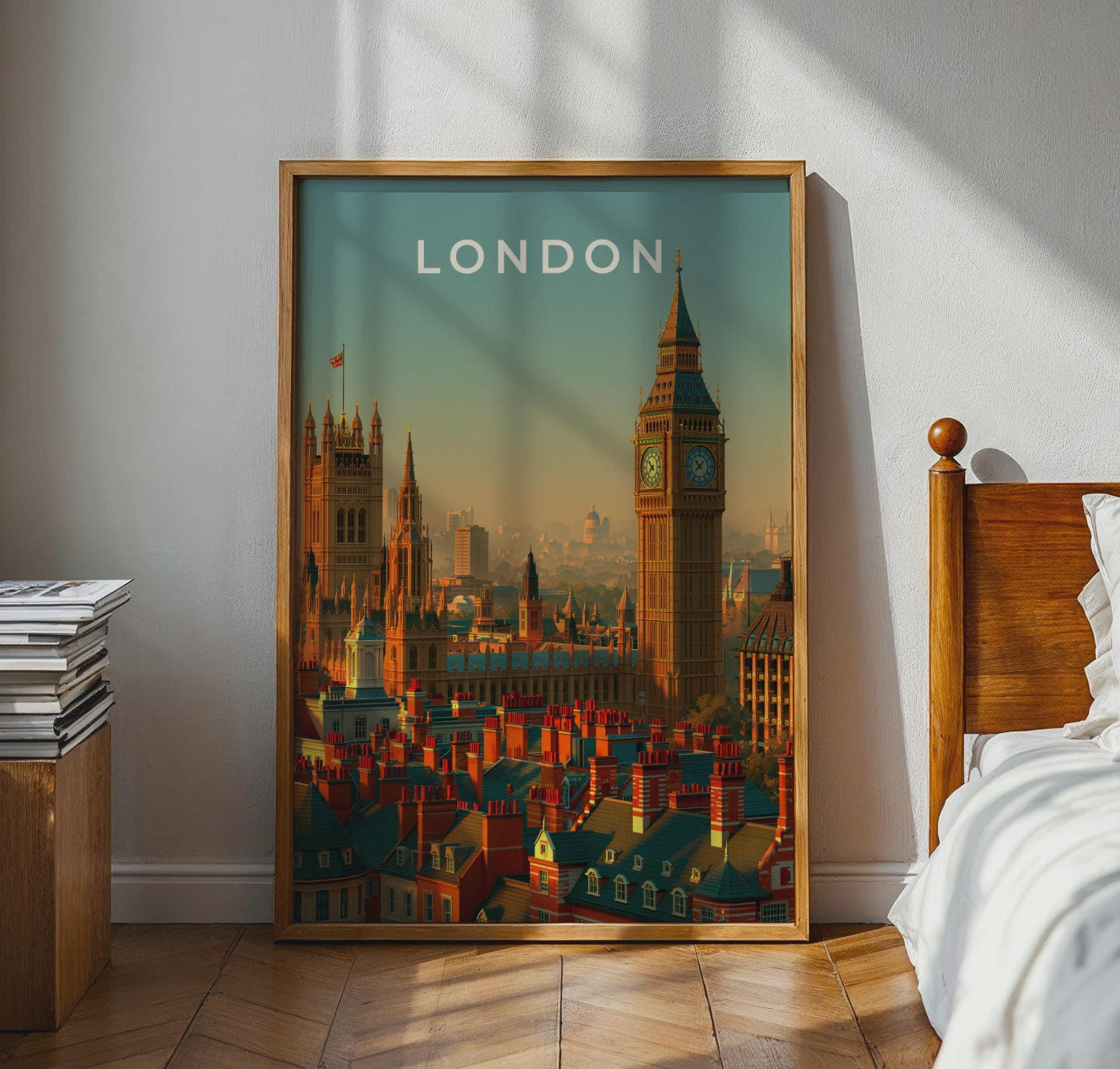 London Skyline Print Big Ben Cityscape Wall Art Vintage Travel Poster - Travel Wall Art
