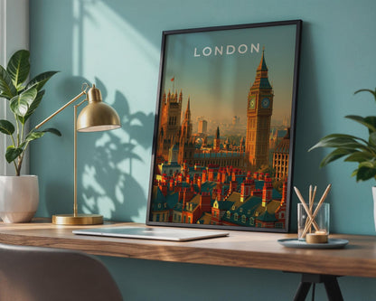 London Skyline Print Big Ben Cityscape Wall Art Vintage Travel Poster - Travel Wall Art
