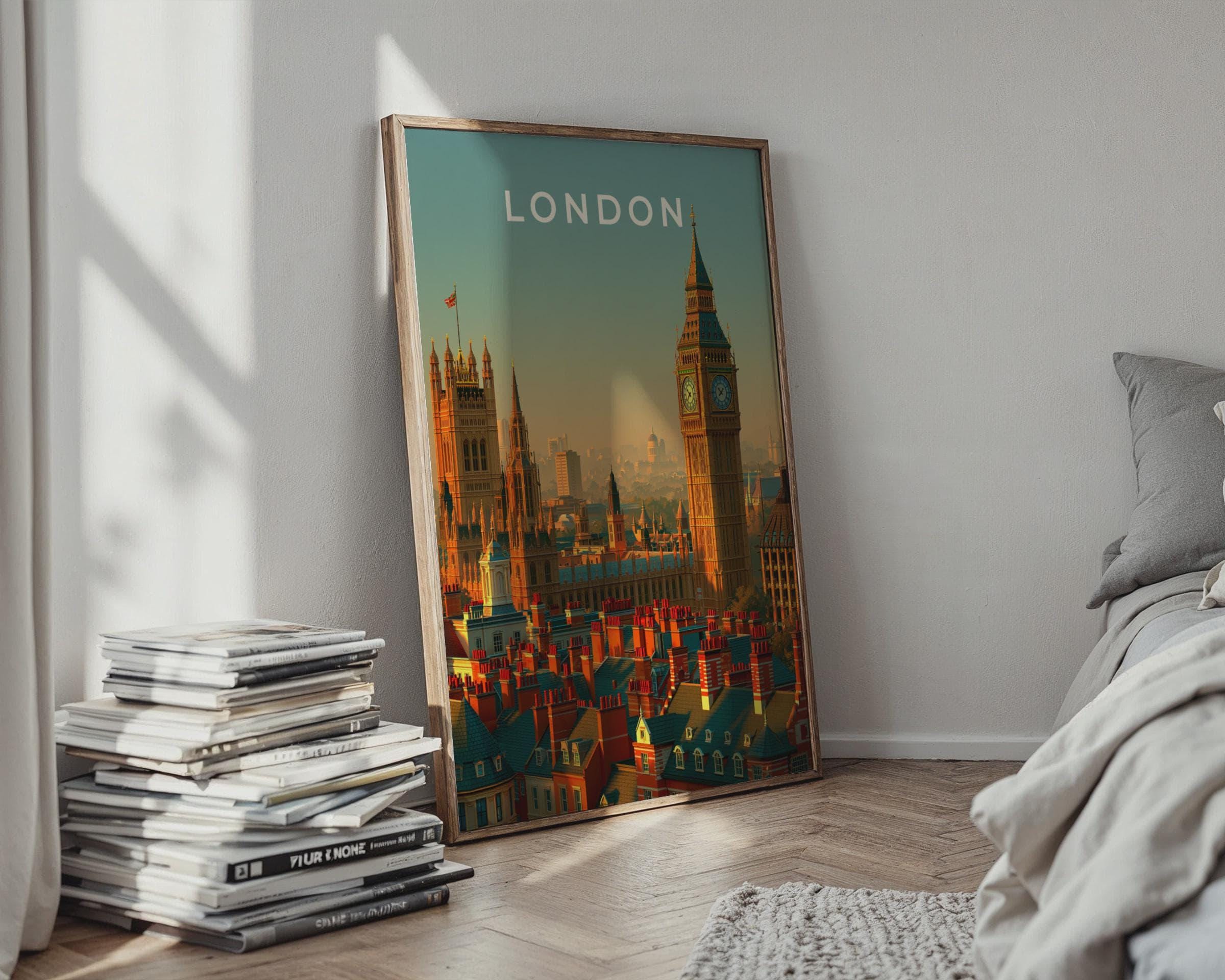 London Skyline Print Big Ben Cityscape Wall Art Vintage Travel Poster - Travel Wall Art