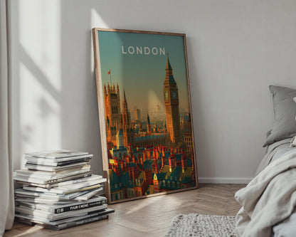 London Skyline Print Big Ben Cityscape Wall Art Vintage Travel Poster - Travel Wall Art