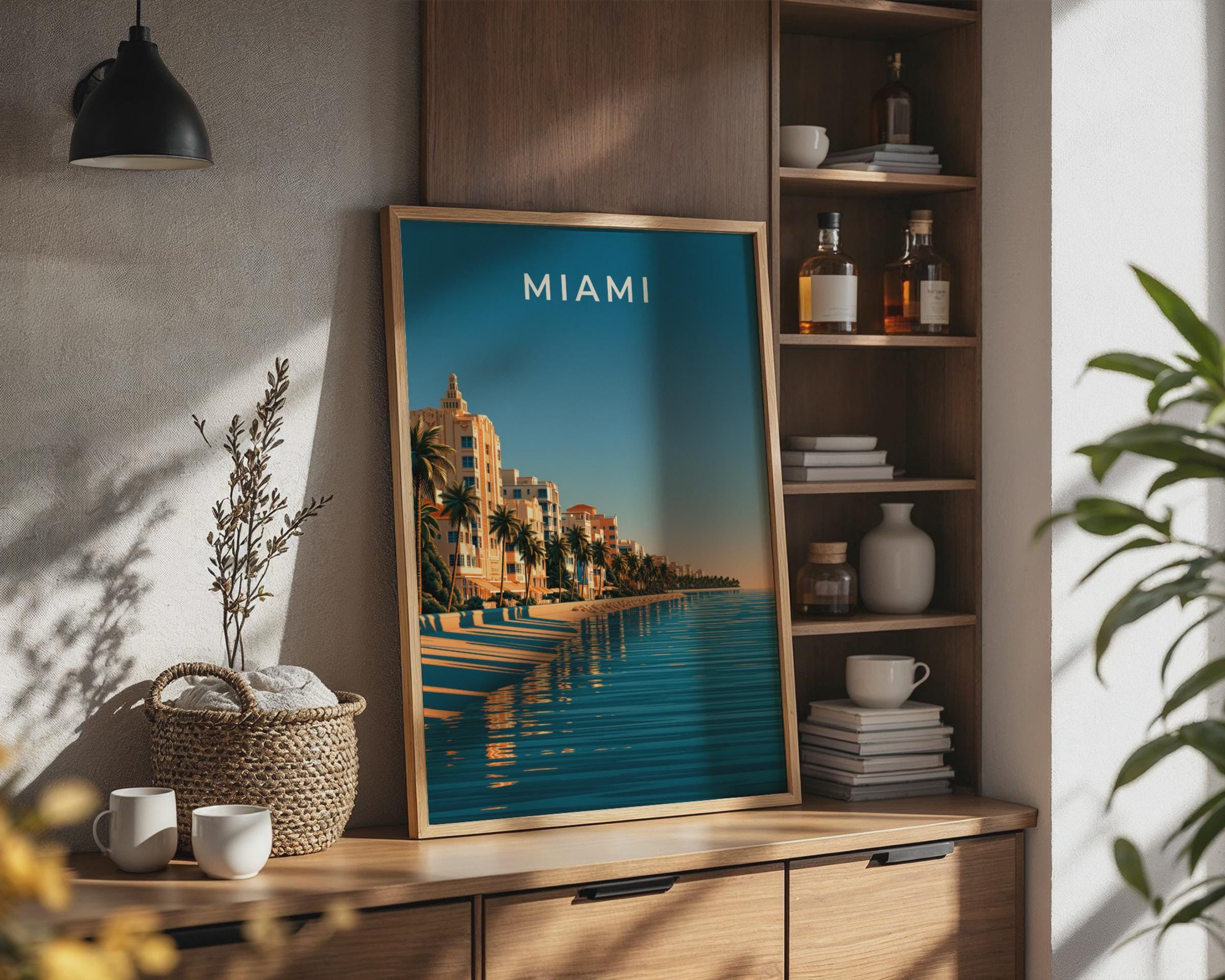 Miami Beach Poster Retro Art Print Coastal Tropical Wall Art - Travel Wall Art