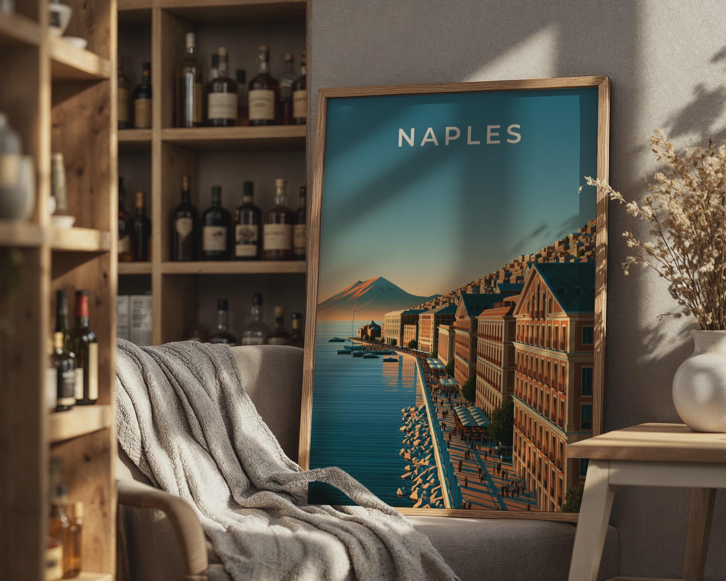 Naples Cityscape Wall Art Poster Coastal Artwork Vesuvius Print - Travel Wall Art