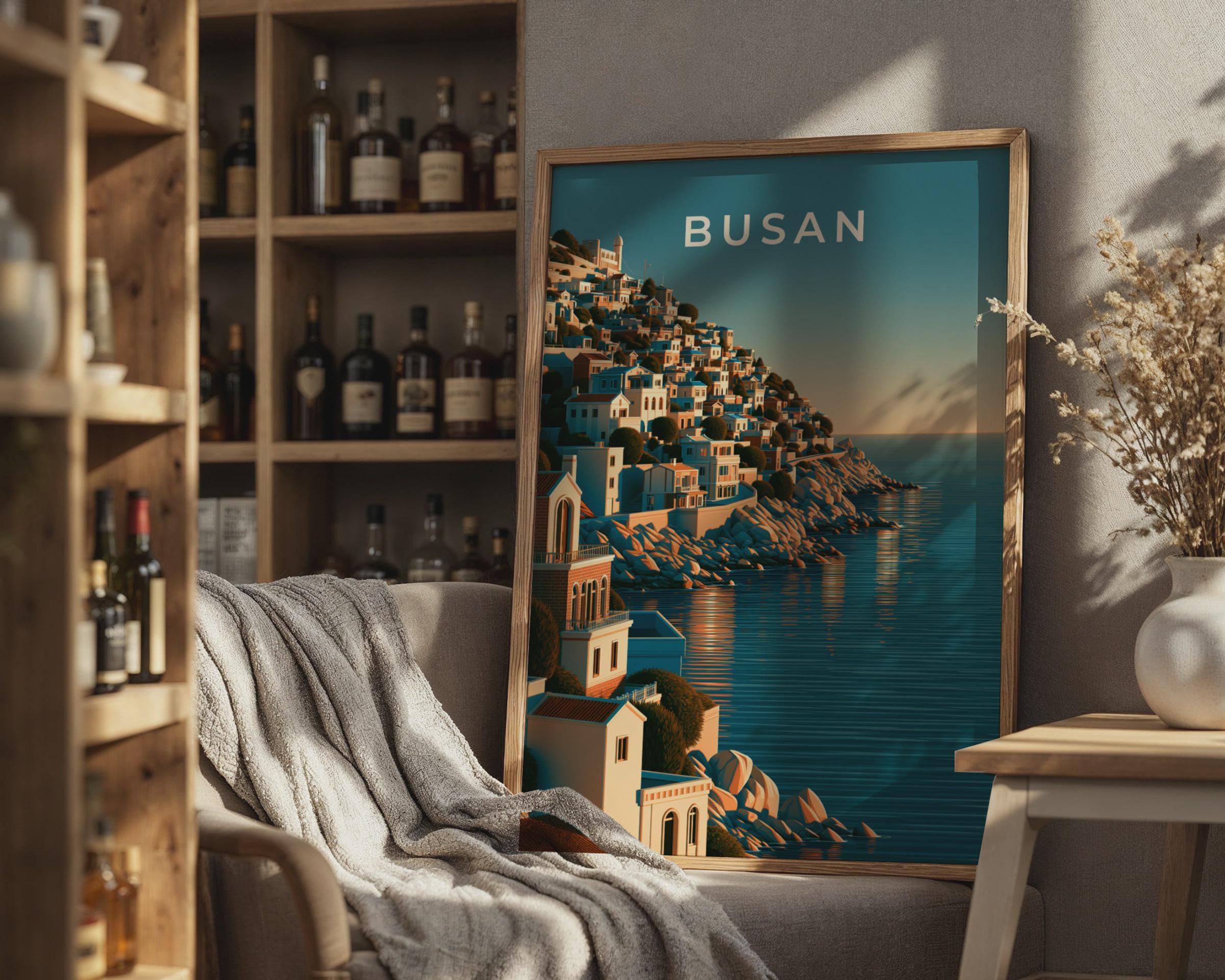 Busan South Korea Print, Coastal Hillside City Art, Teal Blue Wall Decor - Travel Wall Art