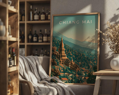Chiang Mai Print, Thailand Temple Poster, Vintage Style Wall Art - Travel Wall Art