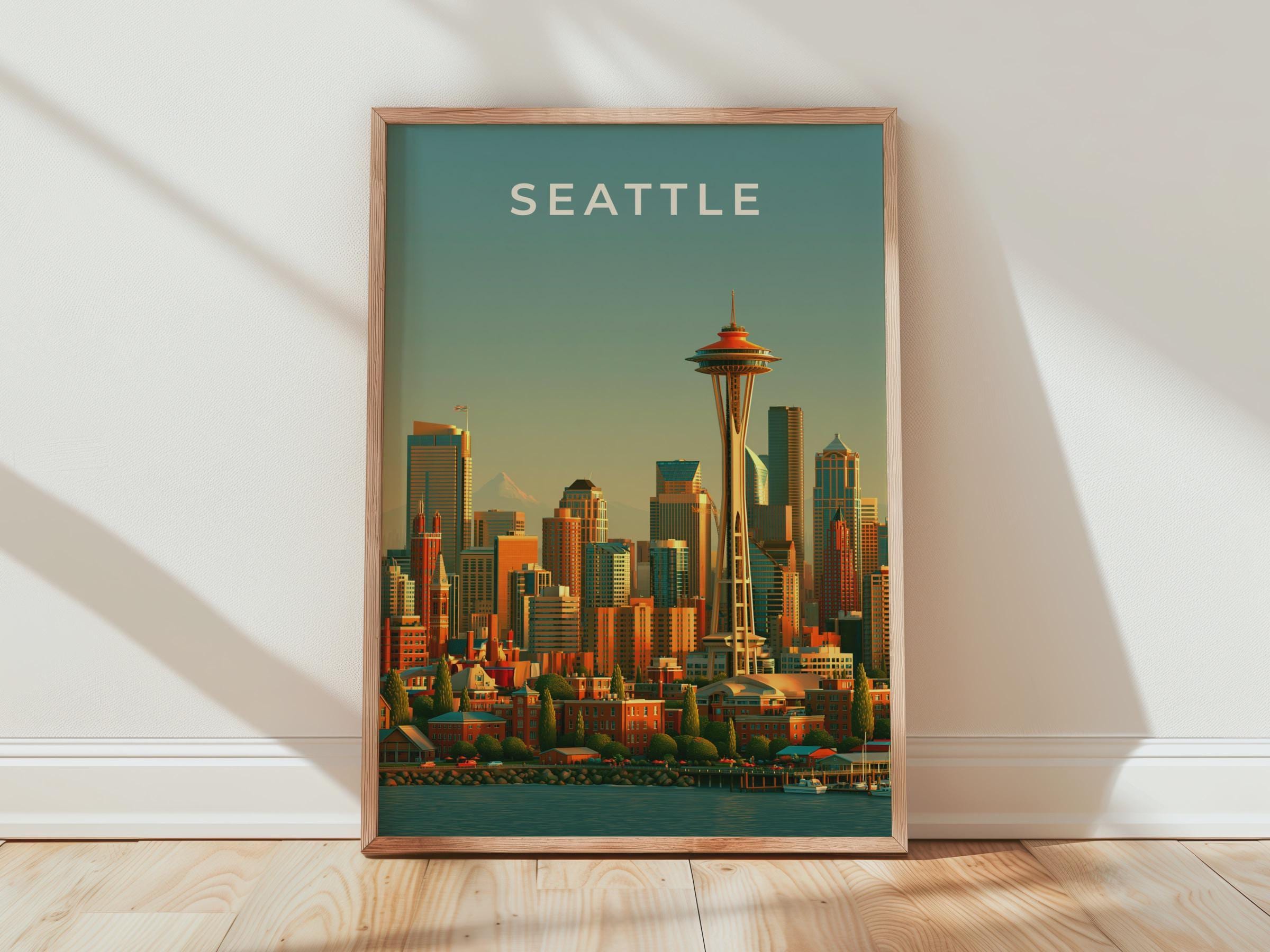Seattle Skyline Print, Space Needle Wall Art, Retro City Poster, Washington - Travel Wall Art