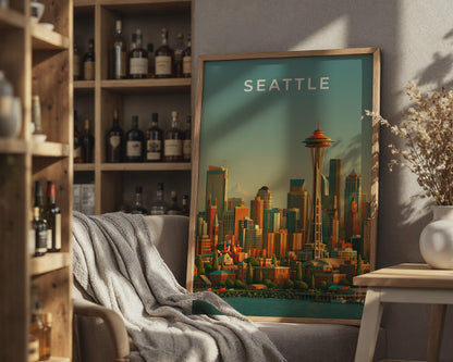 Seattle Skyline Print, Space Needle Wall Art, Retro City Poster, Washington - Travel Wall Art