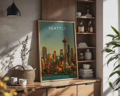 Seattle Skyline Print, Space Needle Wall Art, Retro City Poster, Washington - Travel Wall Art