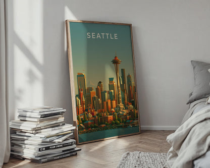 Seattle Skyline Print, Space Needle Wall Art, Retro City Poster, Washington - Travel Wall Art