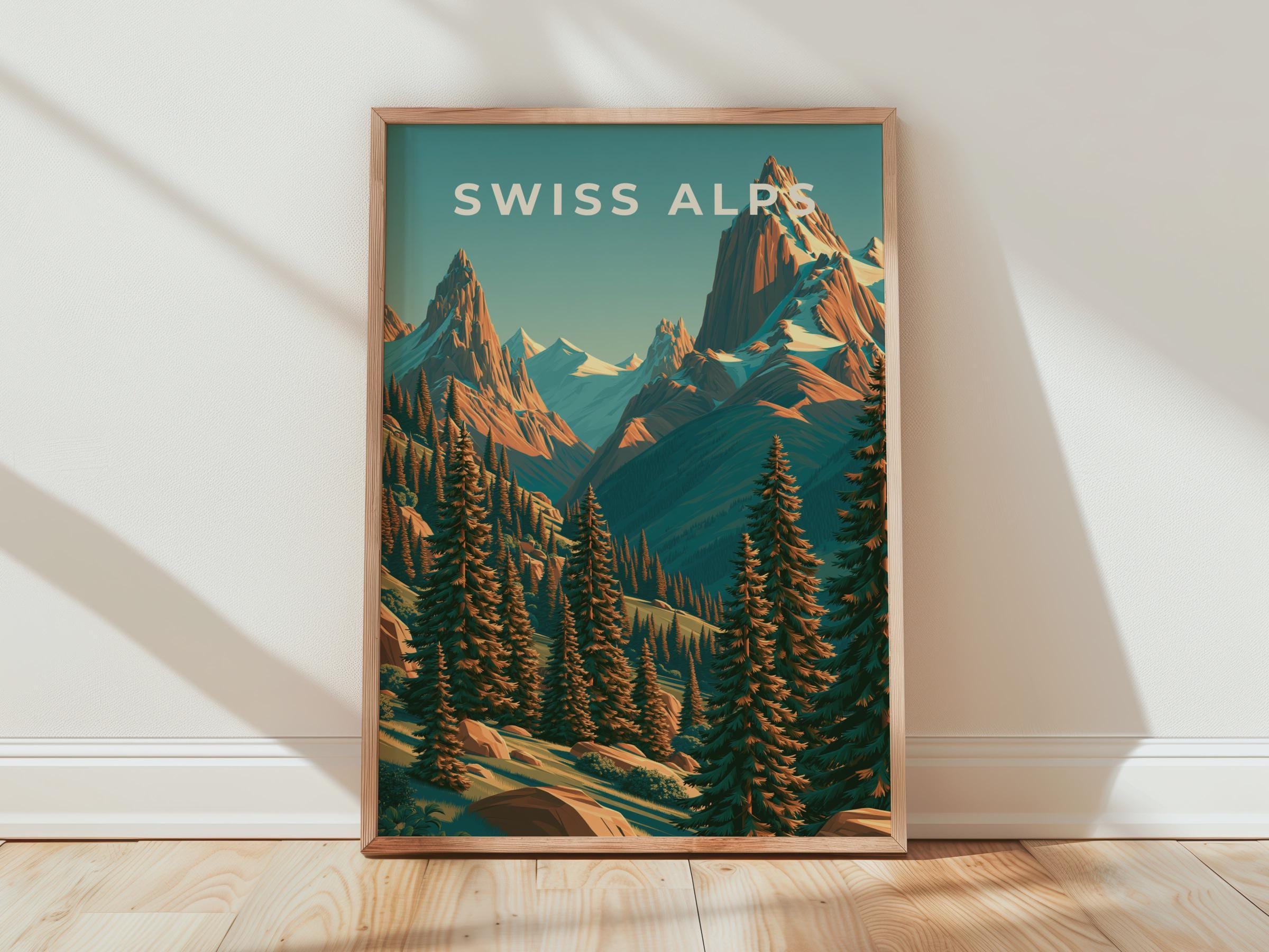 Swiss Alps Print, Retro Mountain Poster, Alpine Forest Wall Art - Travel Wall Art