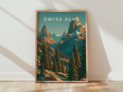 Swiss Alps Print, Retro Mountain Poster, Alpine Forest Wall Art - Travel Wall Art