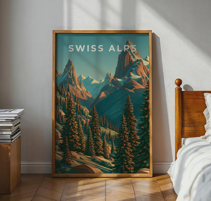 Swiss Alps Print, Retro Mountain Poster, Alpine Forest Wall Art - Travel Wall Art