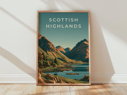Scottish Highlands Print, Loch Mountain Landscape, Vintage Style Scotland Wall Art - Travel Wall Art