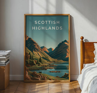 Scottish Highlands Print, Loch Mountain Landscape, Vintage Style Scotland Wall Art - Travel Wall Art