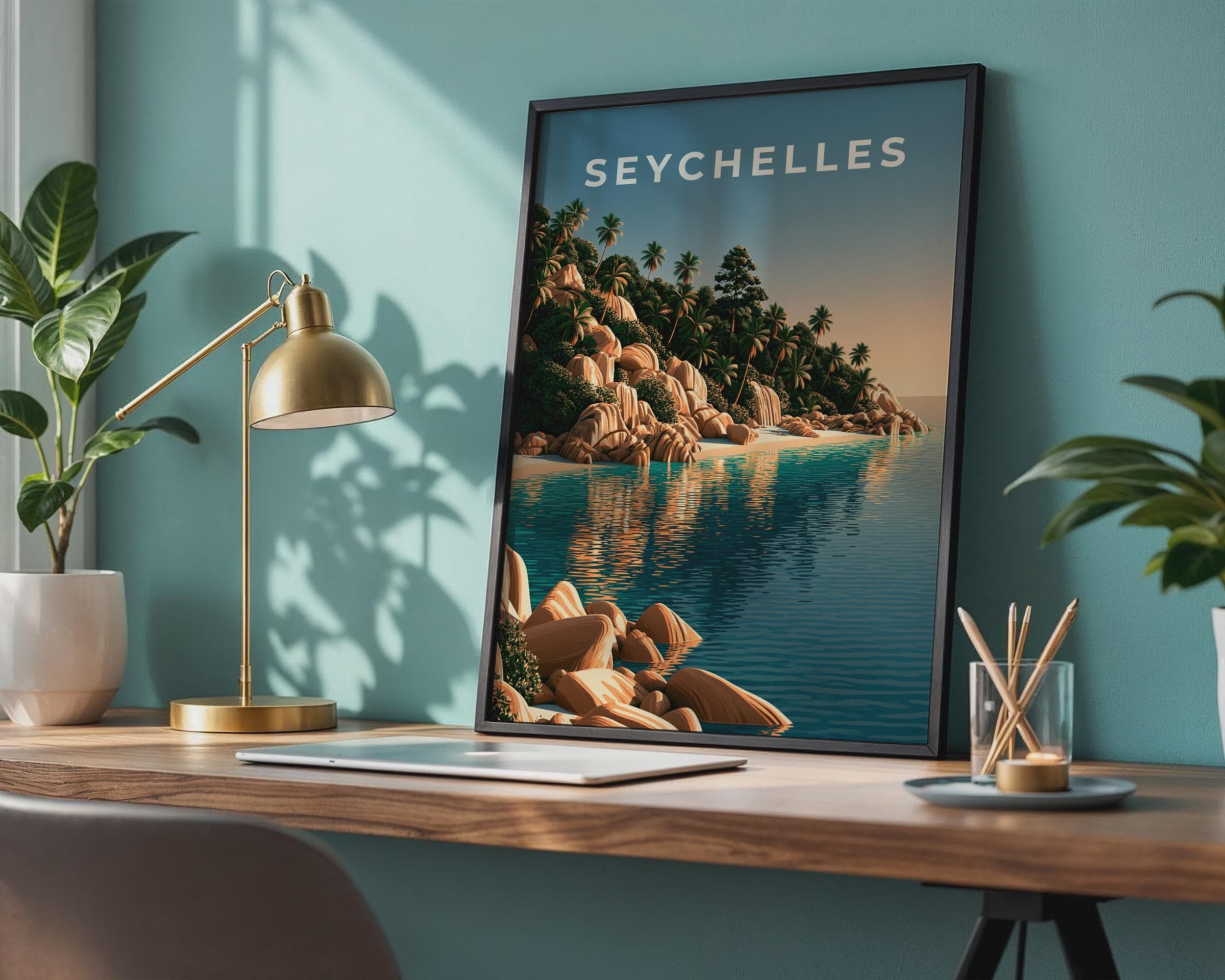Seychelles Print, Tropical Beach Wall Art, Retro Island Poster, Teal Ocean Decor - Travel Wall Art