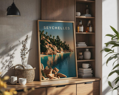 Seychelles Print, Tropical Beach Wall Art, Retro Island Poster, Teal Ocean Decor - Travel Wall Art