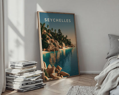Seychelles Print, Tropical Beach Wall Art, Retro Island Poster, Teal Ocean Decor - Travel Wall Art