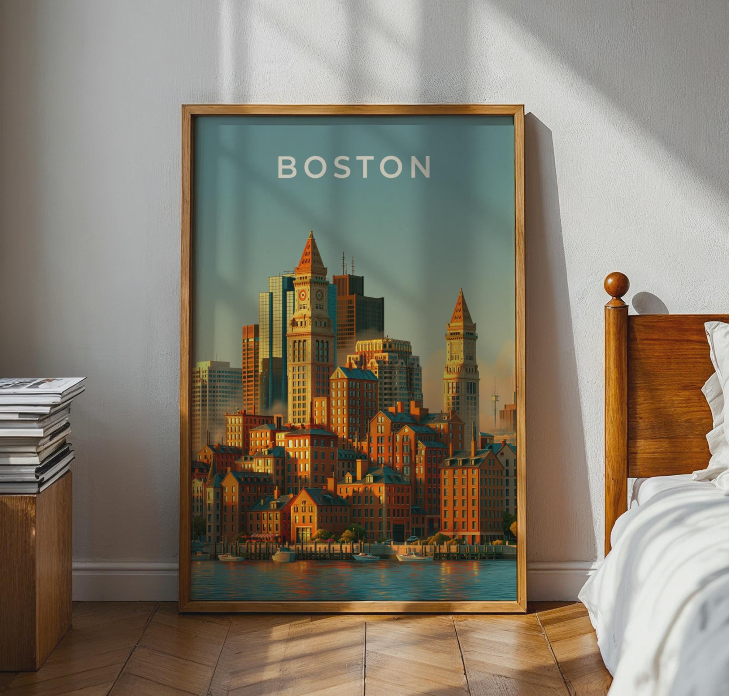 Boston Skyline Print, Custom House Tower, Massachusetts City Wall Art Poster - Travel Wall Art