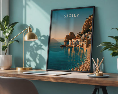 Sicily Italy Wall Art Print, Mediterranean Coastal Village Poster, Retro Style - Travel Wall Art