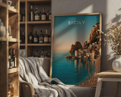 Sicily Italy Wall Art Print, Mediterranean Coastal Village Poster, Retro Style - Travel Wall Art