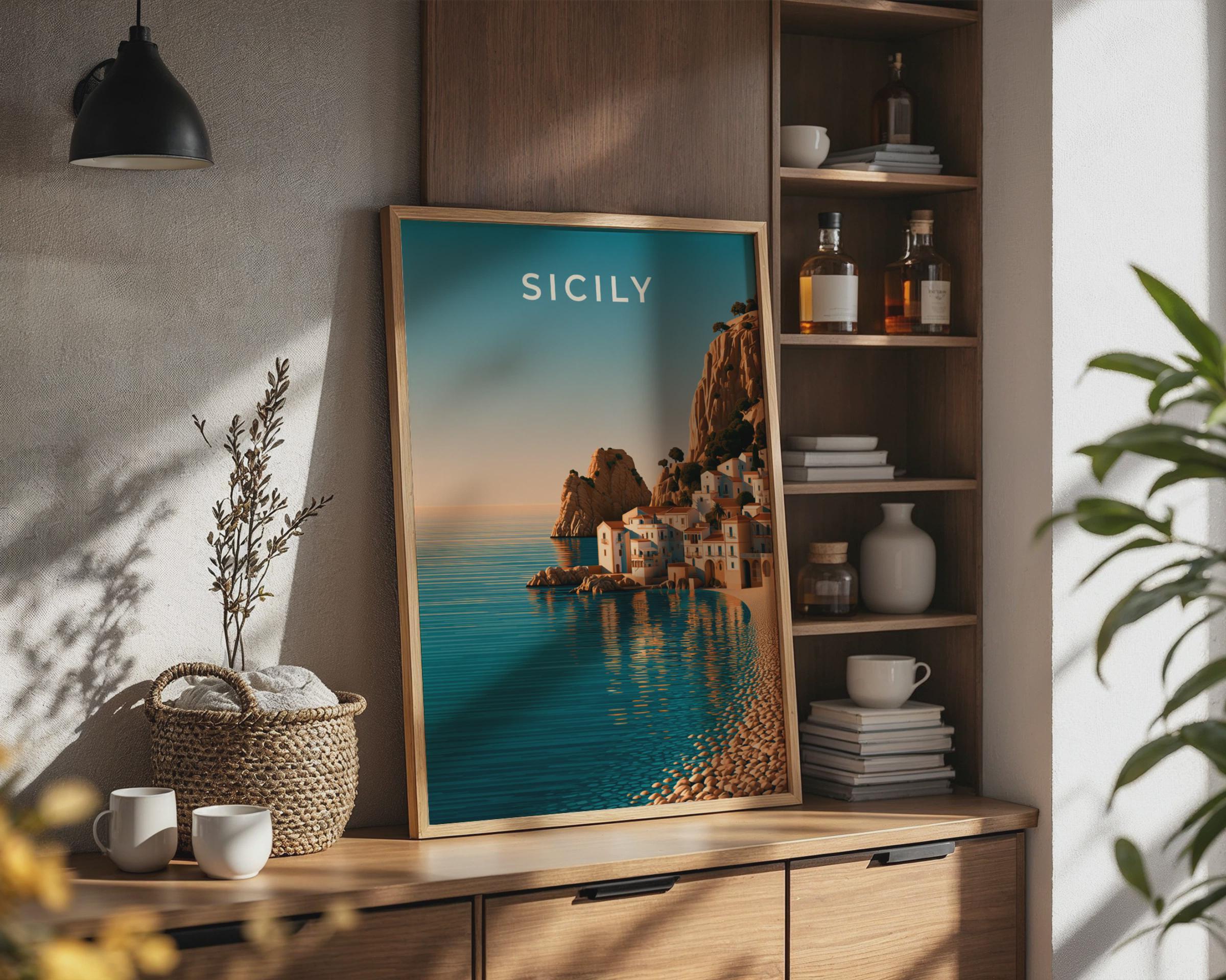 Sicily Italy Wall Art Print, Mediterranean Coastal Village Poster, Retro Style - Travel Wall Art