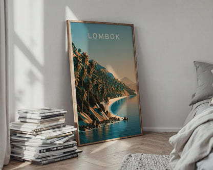Lombok Indonesia Print, Tropical Beach Palm Tree Poster, Vintage Style Wall Art - Travel Wall Art