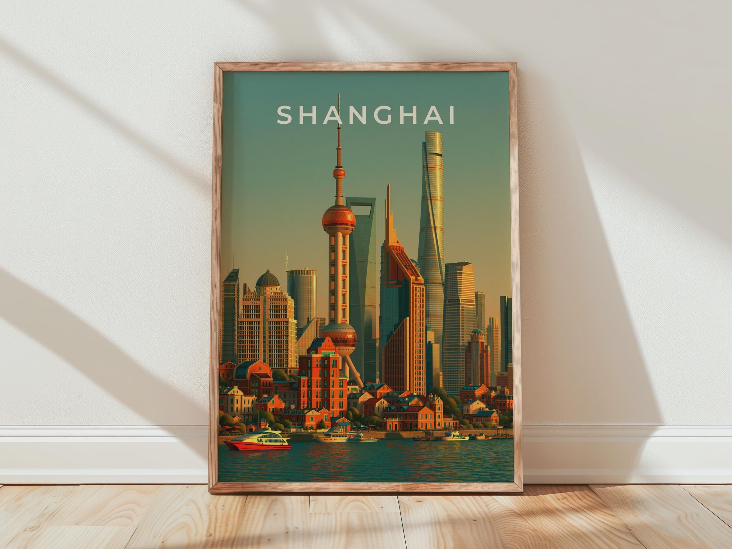 Shanghai Skyline Print, Pudong Cityscape Poster, Oriental Pearl Tower Wall Art - Travel Wall Art