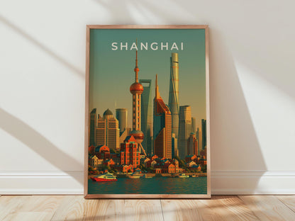Shanghai Skyline Print, Pudong Cityscape Poster, Oriental Pearl Tower Wall Art - Travel Wall Art