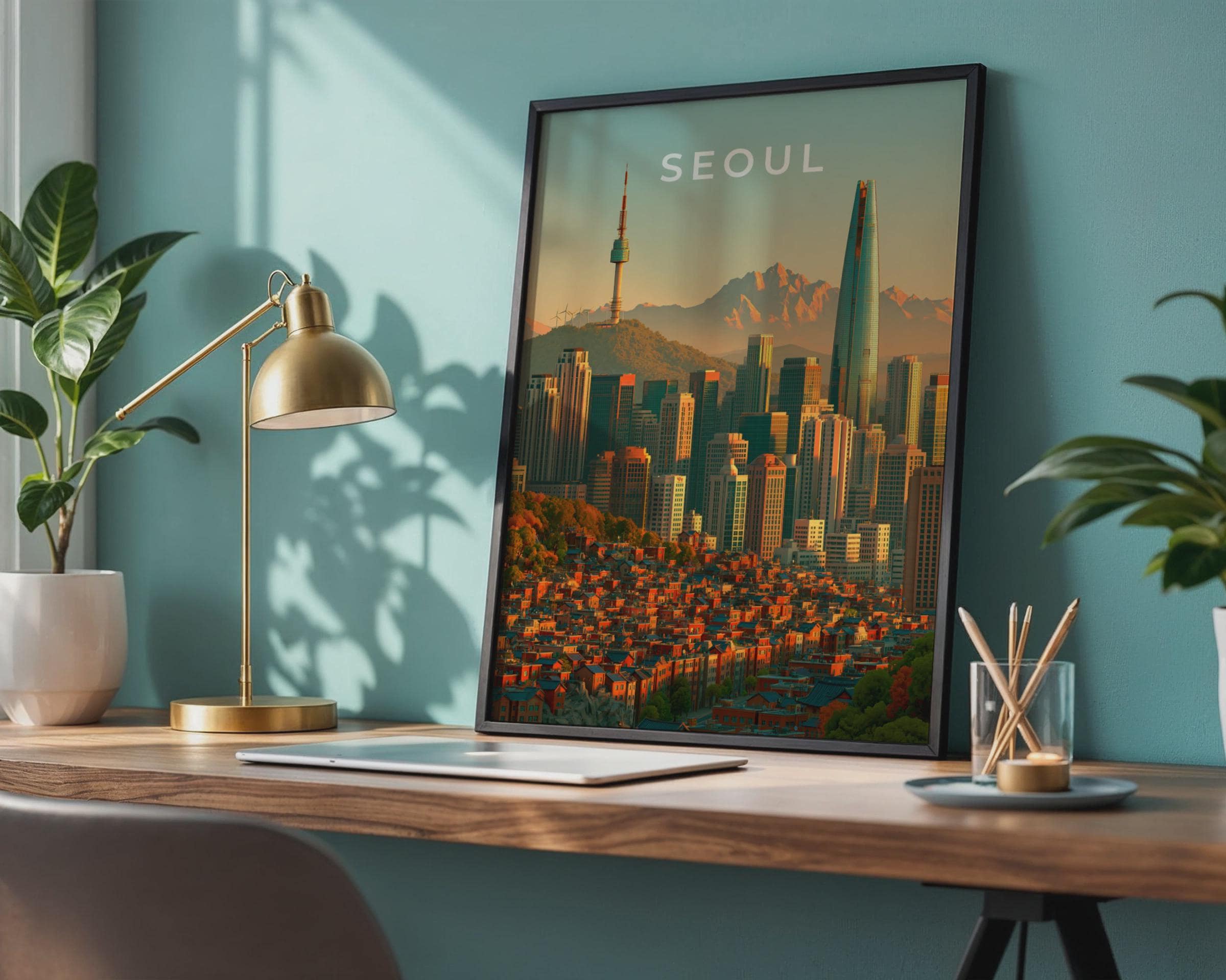 Seoul Skyline Print, South Korea City Poster, N Seoul Tower, Lotte World Tower Art - Travel Wall Art