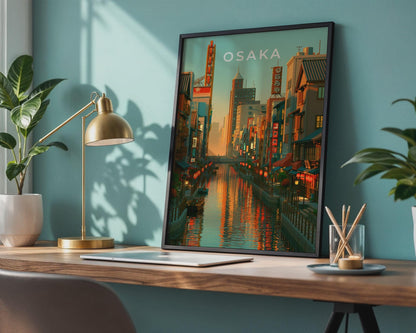 Osaka Print, Dotonbori Canal Sunset, Japan City Wall Art, Retro Poster - Travel Wall Art