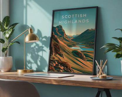 Scottish Highlands Print, Scotland Mountain Loch Poster, Retro Landscape Wall Art - Travel Wall Art
