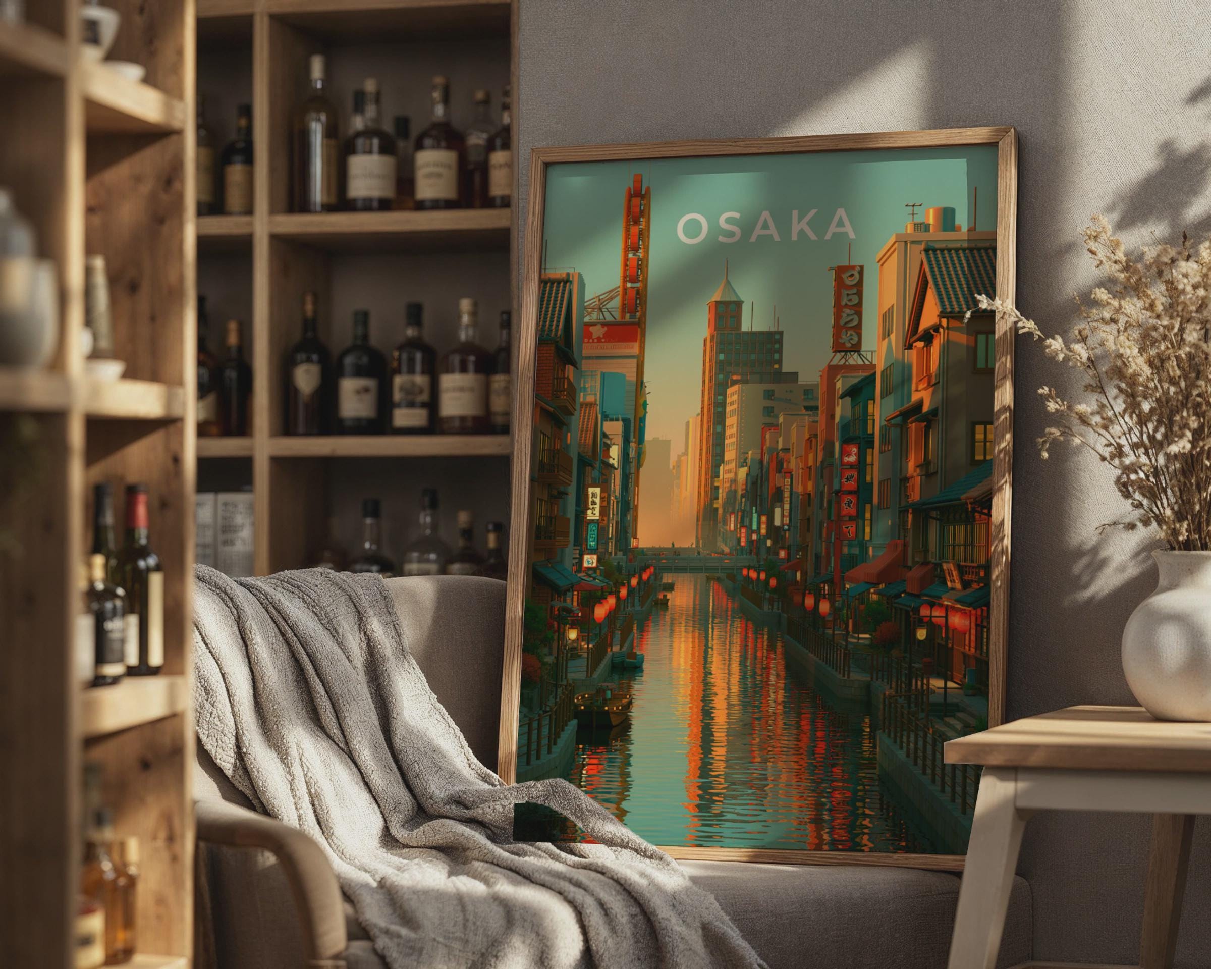 Osaka Print, Dotonbori Canal Sunset, Japan City Wall Art, Retro Poster - Travel Wall Art