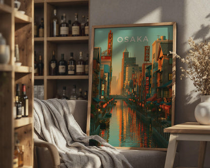 Osaka Print, Dotonbori Canal Sunset, Japan City Wall Art, Retro Poster - Travel Wall Art