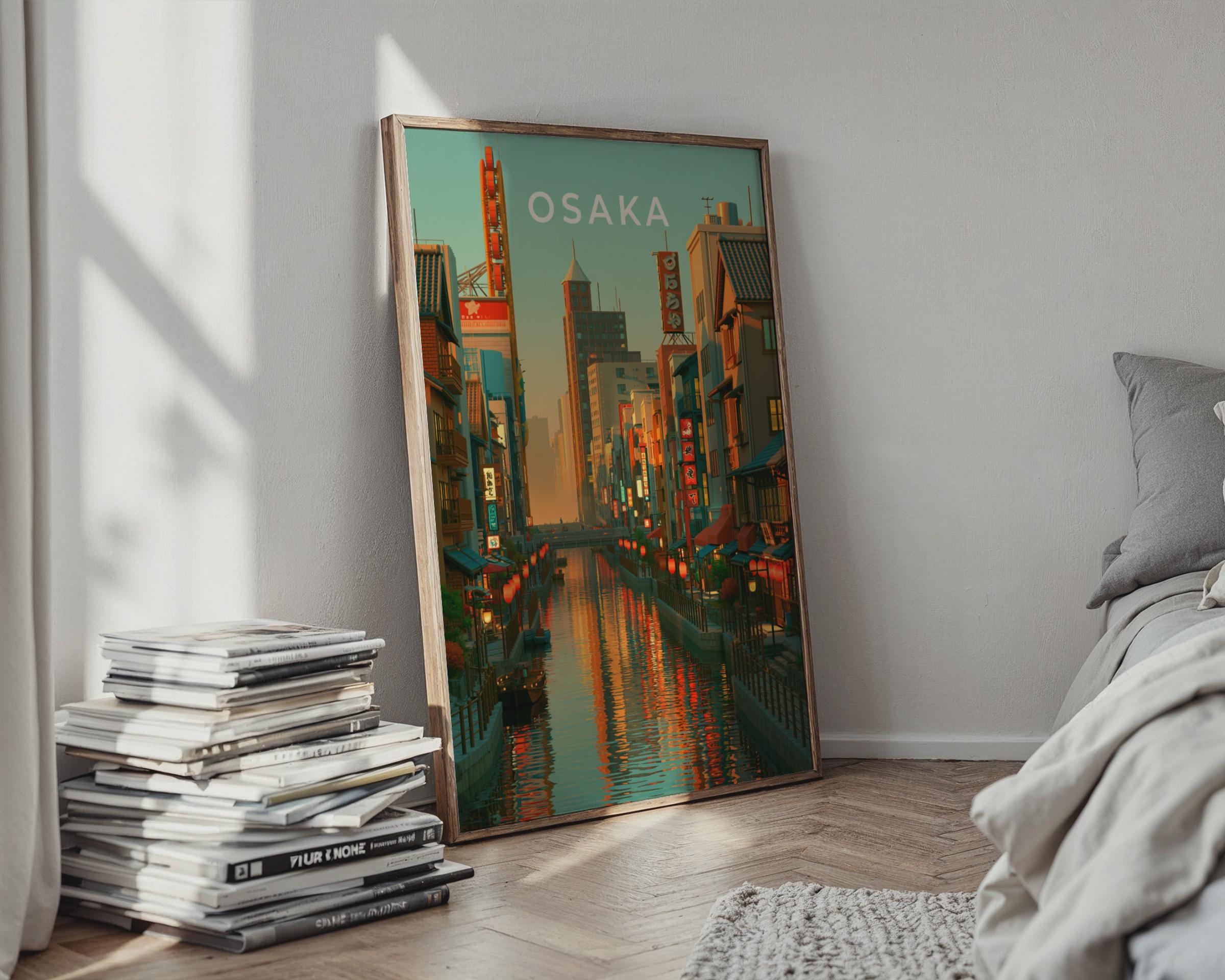 Osaka Print, Dotonbori Canal Sunset, Japan City Wall Art, Retro Poster - Travel Wall Art